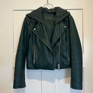 Blank NYC faux leather bomber jacket with removable hood. Size XS